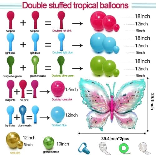 Image of Summer Balloon Arch Double Stuffed Latex Hot Pink Blue Green Gold Balloons with Pastel Butterfly Foil Balloon Garland for Tropical Flamingo Beach Hawaiian Luau Aloha Birthday Baby Shower Party Decor