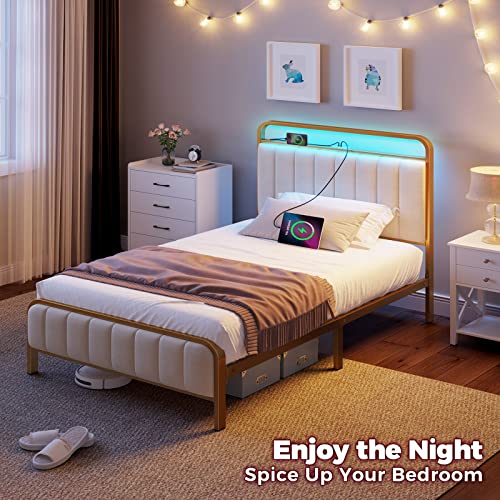Rolanstar Bed Frame Twin Size With Charging Station And Led Lights, Upholstered Velvet Bed With Headboard Footboard, Heavy Duty Metal Slat, No Box Spring Need, Noise Free, Easy Assembly, Golden Color #TOP5