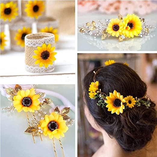 Image of Set of 50 Artificial Silk Sunflowers Heads for Art and Craft DIY Party Wedding Birthday Home Christmas Decoration (Yellow)