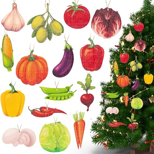 Haooryx 46PCS Christmas Vegetable Hanging Wood Ornaments Eggplant Tomatoes Cabbage Wooden Slices Christmas Tree Ornament Pendant Gift Tags for Winter Holiday Party Home Fireplace Farmhouse Decorations