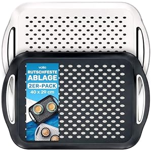 volila rutschfest Tablett Serviertablett (2 STK. 41 x 29 x 4, 5 cm) - Service Tray mit Henkel - Serviertablett Groß - Tablett Kunststoff Schwarz & Weiß - Ideal als Kaffeetablett, Essenstablett usw.