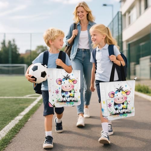 Bolsa para libros con diseño de vaca blanca para la escuela, biblioteca y viajes diarios 6