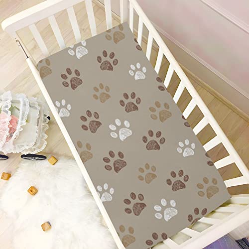 Image of Fitted Crib Sheets Brown Dog Paws Stretchy Portable Playard Sheets for Baby Toddler, Breathable Soft Mini Crib Mattress 39 x 27 in for Boys and Girls