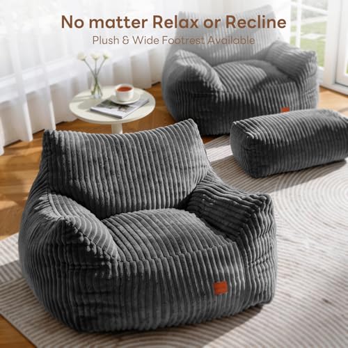 Vellorise Giant Bean Bag Chair, Oversized Bean Bag Couch for Adults, Fluffy Corduroy BeanBag with Armrests & Ottoman for Living Room, Bedroom, Vacuum-Compressed for Gifting, 48h to Expand Dark Gray