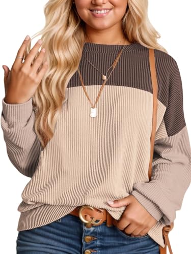 DOLNINE Plus-Size-Tops-for-Women Fall Casual Long Sleeve Shirts Oversized Color Block Crewneck Sweatshirts Ribbed Knit Tunic