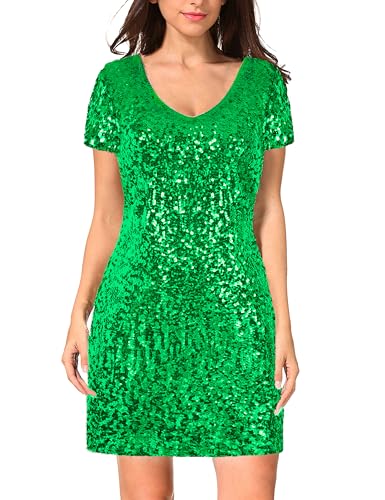 Image of MANER Women's Sequin Glitter Short Sleeve Dress Sexy V Neck Mini Party Club Bodycon Dresses