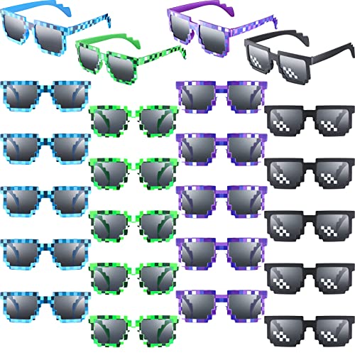 24 Pairs Pixel Sunglasses Party Sunglasses Retro Gamer Sunglasses Pixelated Eyewear Birthday Party Favors for Kids Adults (Black, Green, Blue, Purple)
