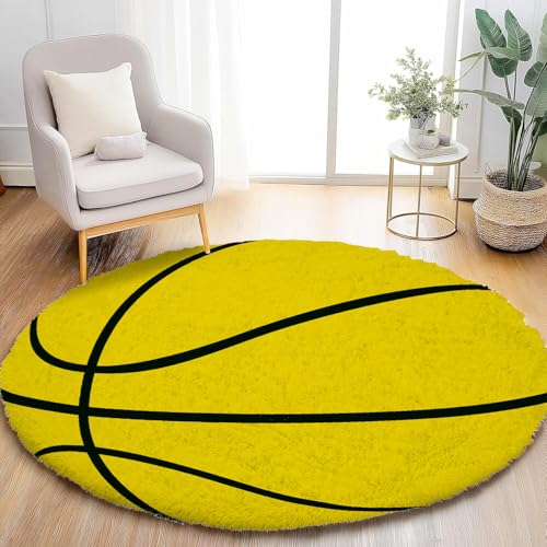 Image of Basketball Theme Rug - Shaggy Soft Carpet, Round Area Rug, Polyester, Sports Design Mat for Bedroom, Kids, Teen, Playroom, Living Room - (Yellow, 3x3 feet, Round)