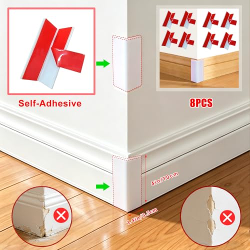 Image of White Baseboard Corners Blocks Self Adhesive, Thickened Rubber Baby Safety Corner Protectors Cushion, Soft Edge Furniture Wall Guards (8 PCS)