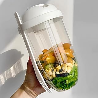 1 Pack Salad Cup with Lid and Fork Fresh Salad Dressing Cup Container for Lunch, Keep Healthy Food Dressing Cup for Portable Breakfast Meal Vegetables and Fruits（White）