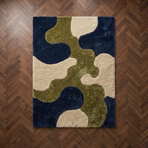 Image of Tauhid Carpet Super Soft Microfiber Shaggy Area Rug Modern Abstract Green Blue & Cream Plush Carpet | Fluffy Floor Rug for Living Room, Bedroom 6x9 Feet.