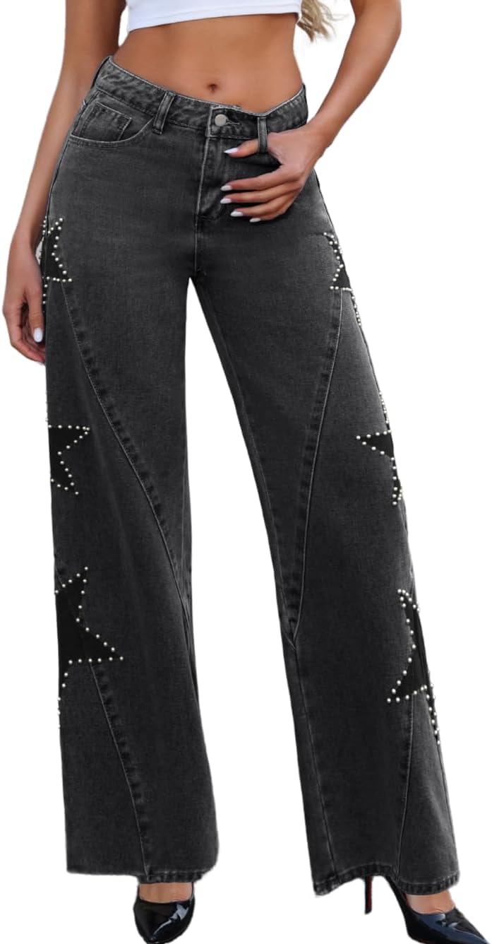 Vintage Women Star Pearl Baggy Jeans,Low Rise Wide Straight Leg Boyfriend Denim Pants,Going Out Concert Casual Outfit