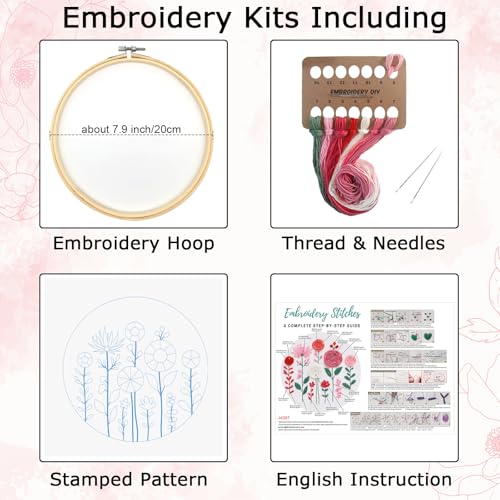 Image of Nuberlic Embroidery Kit for Beginners -Floral Easy Embroidery Kits for Adults Starter Cross Stitch Kit DIY Needlepoint with Step-by-Step Instruction