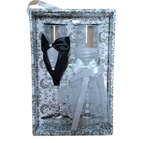 Generico Regalo Bicchieri da Sposi, Set Calici per Brindisi Matrimonio, Bicchieri da Champagne, Flute Champagne Matrimonio, Confezione Regalo Flute Sposi
