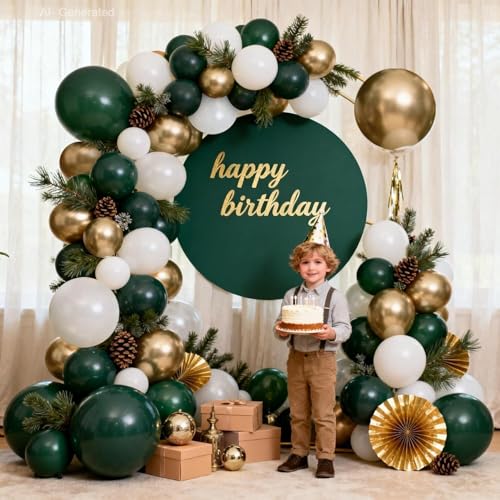 Image of Blocesa Emerald Green White Gold Balloon Arch Kit, Double Stuffed Dark Green Balloons Hunter Forest Green Chrome Gold Pearl White Sand Ivory Balloons for Wedding Birthday jungle Safari Party Decor