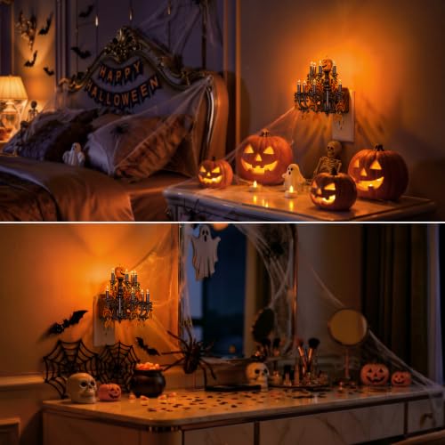 Image of Briignite Halloween Chandelier Night Lights Plug into Wall, Amber Flickering Flame LED Nightlight with Auto Light Sensor, 3-Level Dimmable, 180 Rotatable Plug, Halloween Decor for Bedroom Hallway