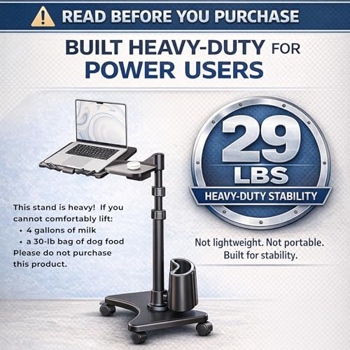 Image of LEVO G2 Deluxe Adjustable Rolling Laptop Stand | Charcoal & black, rolling laptop desk, adjustable height, tilting tray, floor stand