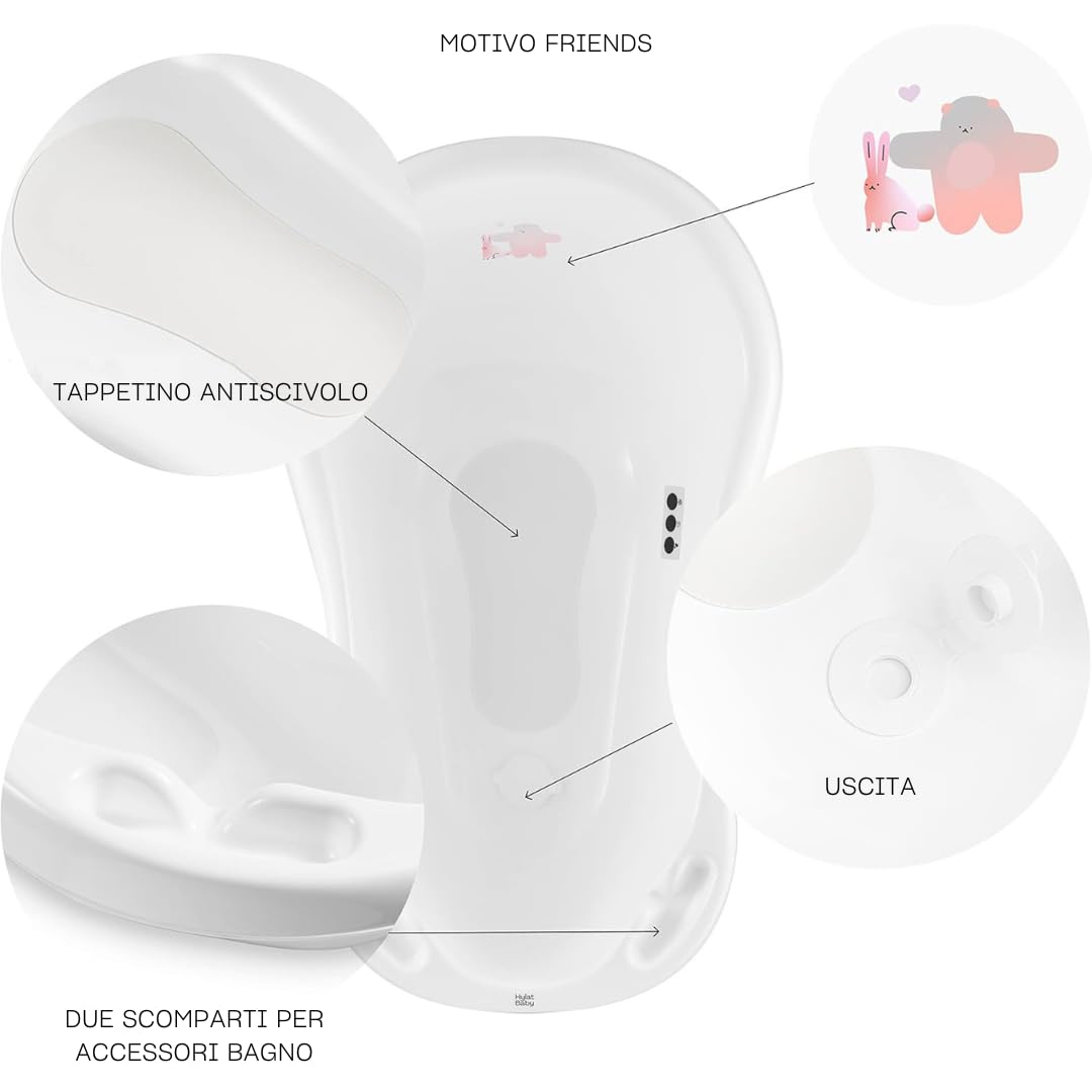 Hylat Baby Friends Bianca Vaschetta Bagnetto Neonato con Tappo di Scarico e Termometro, Vaschetta Antiscivolo per Bambini Fino a 12 Mesi in Plastica Senza BPA, Vaschetta per Neonati, Bambini
