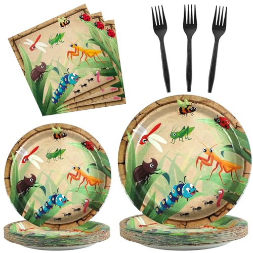 Image of Qyeahkj 100 Pcs Bug Party Plates Napkins Supplies, Spring Summer Ladybugs Bee Reptile Birthday Party Tableware Set Insect Birthday Party Decorations Favors for Boys Girls Serve 25