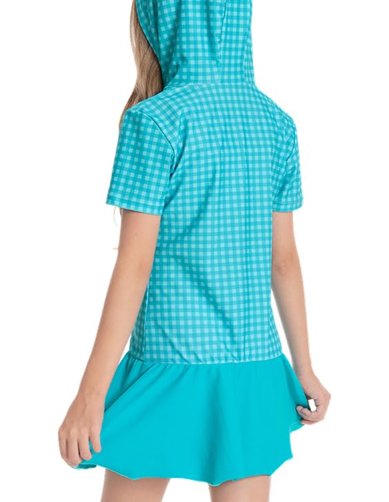 Image of Girls Sun Protective Swim Cover Up Hooded with Full-Length Zipper Short Sleeve UPF 50+ Beach Dress Coverup