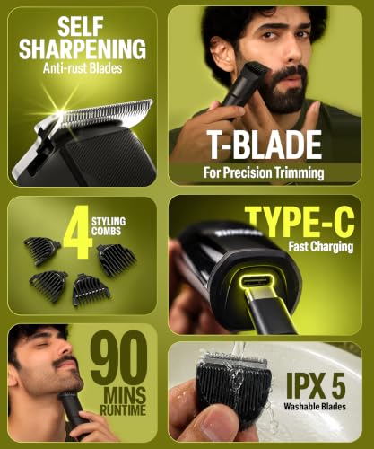 Image of Bombay Shaving Company Power Play NXT Trimmer for Men | Beard Trimmer for Man | Hair Trimmer for Man | Type C, 90 Min, 4 Combs, Self-Sharpening | Olive