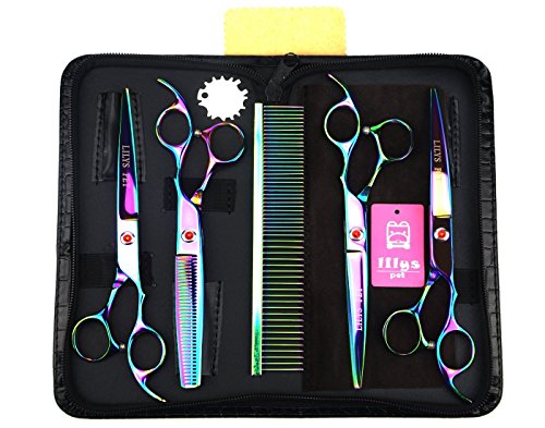LILYS PET Professional PET DOG Grooming Coated Titanium scissors suit Cutting&Curved&Thinning shears (8.0 inches, Rainbow)…