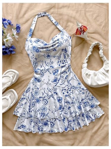 Image of Floerns Women's Cute Summer Halter Neck Floral Leopard Print Short Sundress