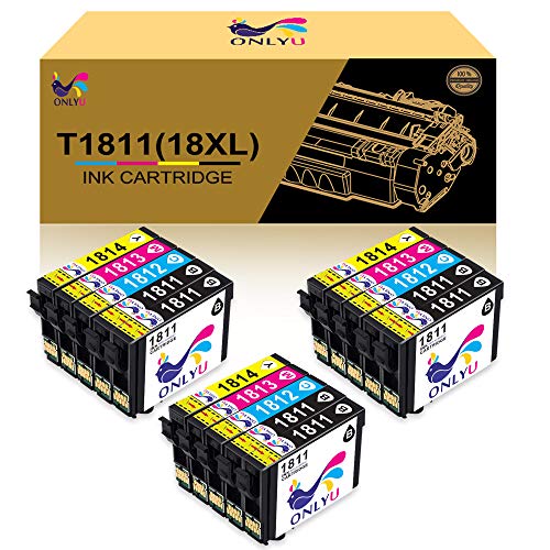 ONLYU Remplacement des cartouches d'encre compatibles pour Epson 18XL T1811-T1814 pour Epson Expression Home XP-202 XP-205 XP-212 XP-215 XP-225 XP-302 XP-305 XP-315 XP-325 XP-402 XP-405(paquet de 15)