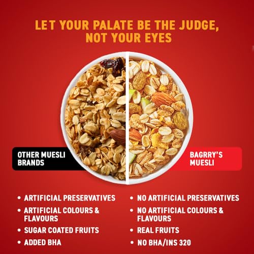 Image of Bagrry's Crunchy Muesli - 1.5kg | 83% Multigrain, Brans, Almonds, Raisins & Honey | 40% Fibre Rich Oats | High Fibre and Protein Breakfast Cereal | No Added Preservatives | Non-GMO Oats | 100% Natural | Trans Fat & Cholesterol Free
