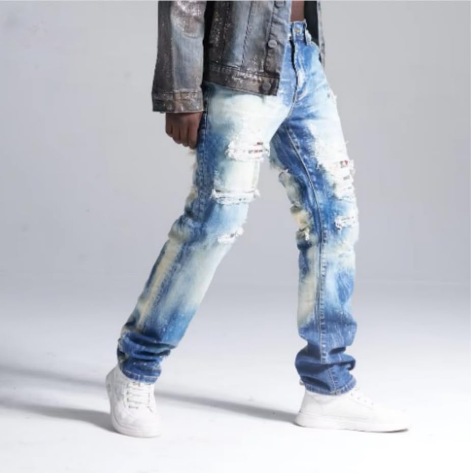 Men's Straight-Leg Mid-Rise Denim Jeans, Tie-dye, Holey, Slim-fit, Long Pants, Casual Street Style Men's Jeans3