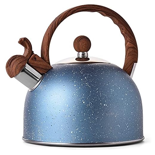 Tea Kettle - VONIKI 2.5 Quart Tea Kettles Stovetop Whistling Teapot Stainless Steel Tea Pots for Stove Top Whistle Tea Pot With Wood Pattern Anti-Hot Handle Teakettle Blue