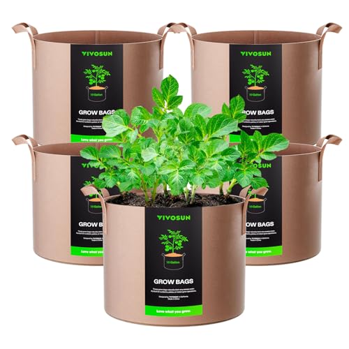 VIVOSUN 5-Pack 10 Gallons Grow Bags Heavy Duty Thickened Nonwoven Fabric Pots with Strap Handles Tan