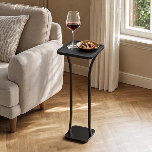 Image of Small Square Side Table, Drink Table with Weighted Base, Solid Wood & Metal Accent Table for Small Spaces, Pedestal End Table for Living Room, Bedroom, Office, Black