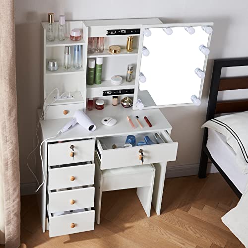 Jansaimei Modern Makeup Vanity Set Vanity Table with 6 Storage Drawers, Multifunctional Table with 3 Color Light Settings and Soft Stool, Dressing Desk Set with Cabinets for Girls and Women. White