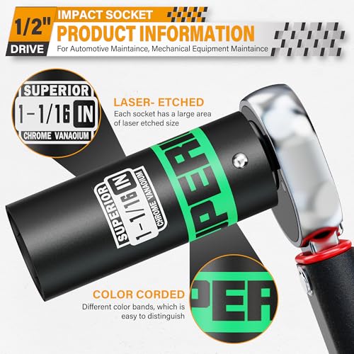 Image of 1 /2 inch Drive Impact Socket, 1-1 /16 inch Deep Socket, SAE, 6 Point, CR-V, for Car Repair, Loosen the Fastening Nut