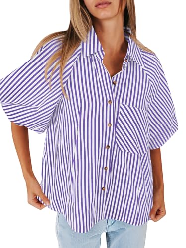 Image of Tankaneo Womens Short Puff Sleeve Button Down Shirts Striped Trendy Casual Loose Fit Blouse V Neck Collared Tops