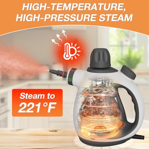 Image of Handheld Steam Cleaner, Pressurized Multi-Purpose Natural Steamer with 12 pcs Accessories, Steamer for Cleaning Car, Countertop Bathroom, Shower, Upholstery, Couch, Tile Grout, Window, Grease