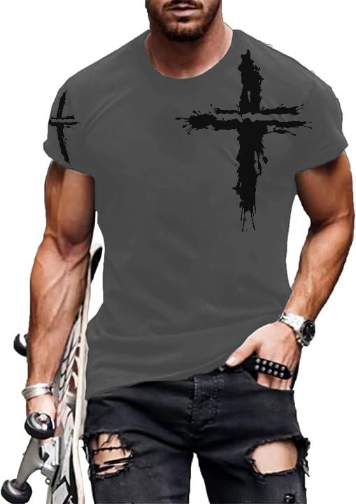 Mens T-Shirts Jesus Cross Faith Vintage Oil Painting Casual Short Sleeve T-Shirts Summer Crew Neck Christian Tops