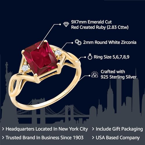 Gem Stone King 18K Yellow Gold Plated Silver Red Created Ruby Ring For Women (2.83 Cttw, Emerald Cut 9X7MM, Gemstone Birthstone, Available In Size 5, 6, 7, 8, 9)2