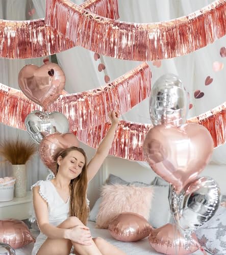 Image of Premium Rose Gold Fringe Tinsel Garland for Party Decorations -4 Layers Thick, 2 Pack | LILF Foil Metallic Banner Party Streamers for Wedding Birthday Christmas Decoration Home Hanging