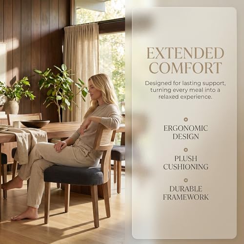 Image of HNY Mid Century Modern Rattan Dining Chairs Set of 2, Farmhouse Linen Upholstered Accent Chair Curved Backrest Kitchen Chairs, with Hardwood Frame, Charcoal