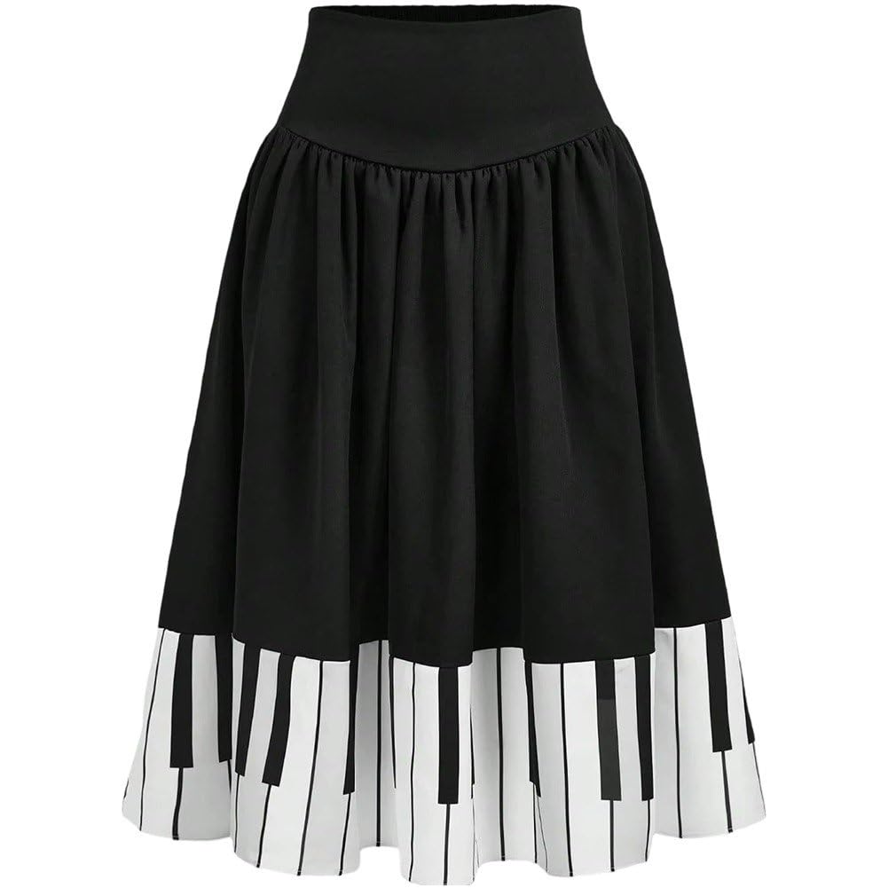 Ppmter Midi Skirt for Women Vintage Piano Print High Waist Pleated Skirt Aesthetic Trendy Long Skirt for Ladies