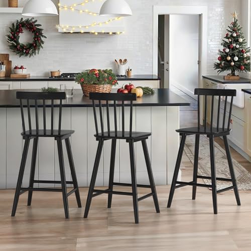 LUE BONA Windsor Wooden Bar Stools Set of 3 for Kitchen Island Farmhouse 24 Inch Counter Height Stools Chairs with Spindle Back Black