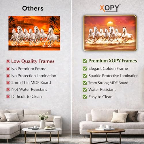 Image of XOPY Seven Running Horses with Golden Frame | Vastu 7 horses Raw Pyrite Painting for Home, Office & Living Room Wall Decore | 12X18 Inch Sparkle Laminated Frame | Best For Gifting (3070, 12X18)
