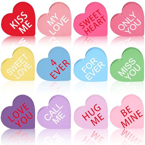 12pcs Valentines Day Decor Wooden Hearts fo Conversation Hearts Decorations Wooden Heart Decor Valentine Decoration for The Home Table Heart Decoration for Home Anniversary ValentineS Day Gifts