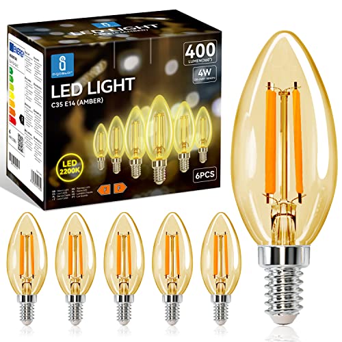 Aigostar Bombilla LED vela Edison, 4W Equivalente a 35W, Casquillo Fino E14, Luz Cálida 2200K, 400 Lúmenes, Bombilla LED Vintage Decorativa C35 de Filamento, No Regulable, Cristal ámbar, Pack 6