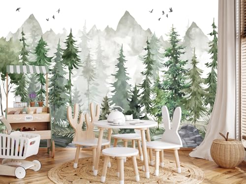 LOOWAP Peel and Stick Green Nursery Forest Wallpaper Watercolor Woodland Wall Mural for Girls Boys Room
