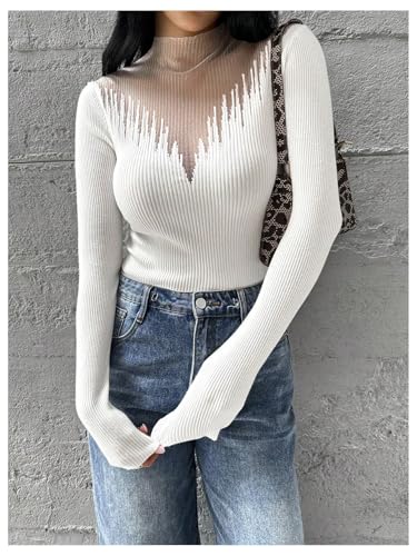 Image of RoseSeek Women's Color Block Mock Neck Sweaters Ribbed Knit Long Sleeve Slim Fit Pullover Tops White Small