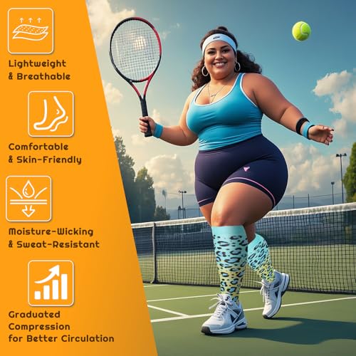 Image of Plus Size Compression Socks for Women & Men 4 Pairs, Wide Calf Extra Large 20-30 mmHg Knee High Support Socks for Travel, Running, Nurse