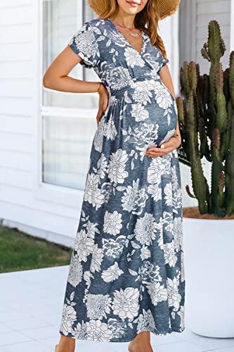 Ouges Summer Maternity Maxi Dress Wrap V Neck Baby Shower Pregnancy Dresses For Photoshoot(Floral-12, Large) #TOP2